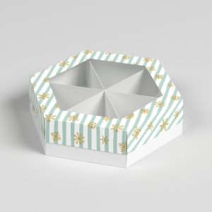 Шестигранная коробка с окном и разделителями цветная (D=20 см)